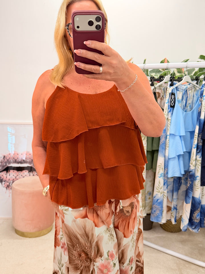 Ladies Frill Strappy Cami Top - Rust, Brown, Pale Blue, Khaki & Navy