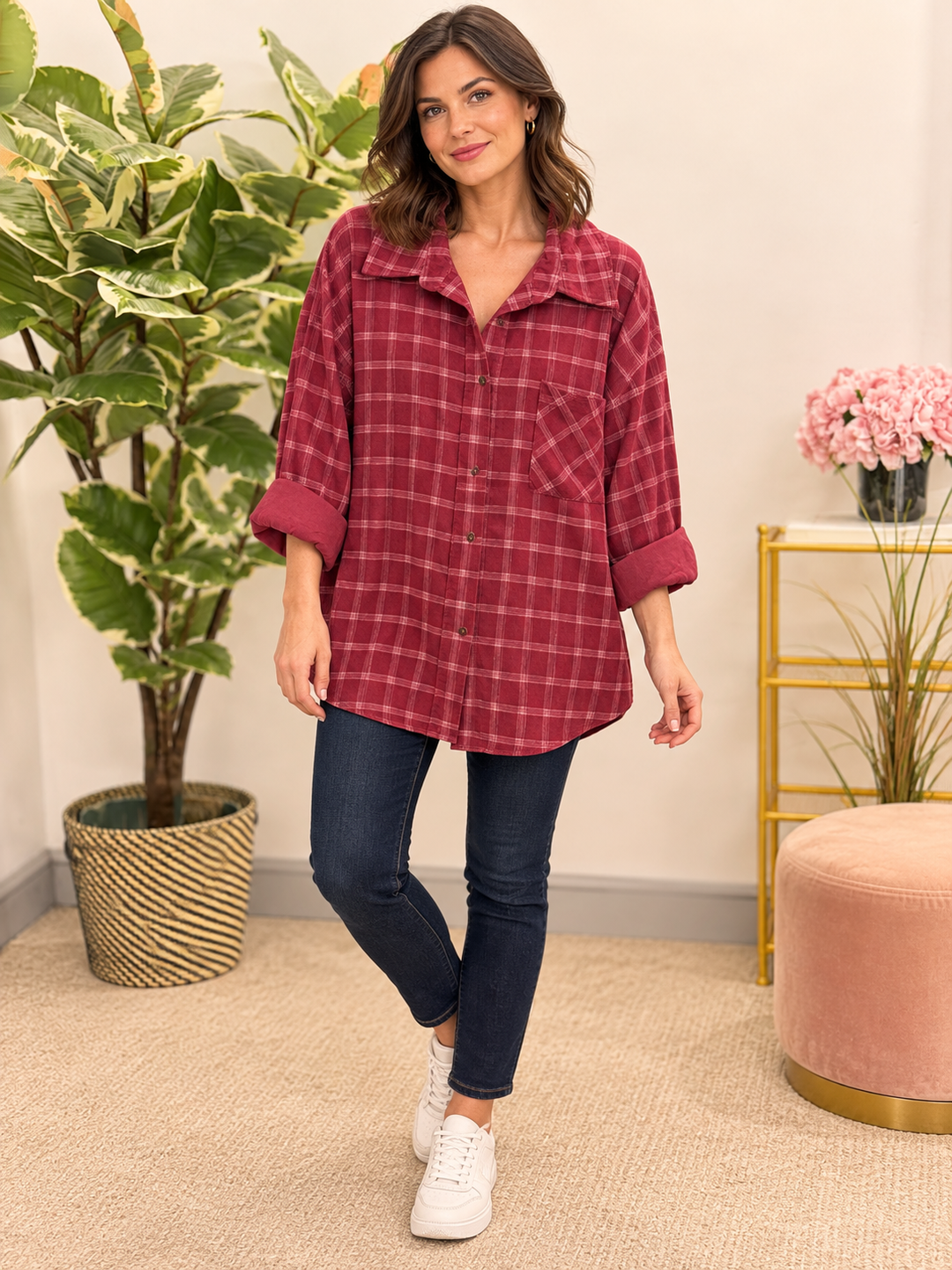 Womens cord check oversize shirt - Wine, Navy, Brown, Khaki