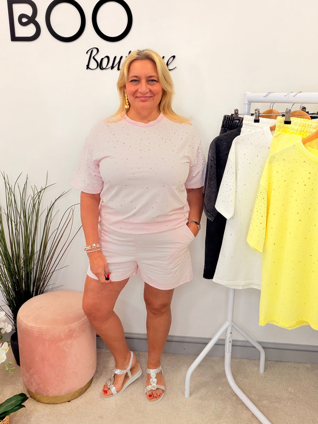 Ladies Fashion Sparkly Sweatshirt Shorts Co Ord Set - Pink, White, Charcoal & Lemon