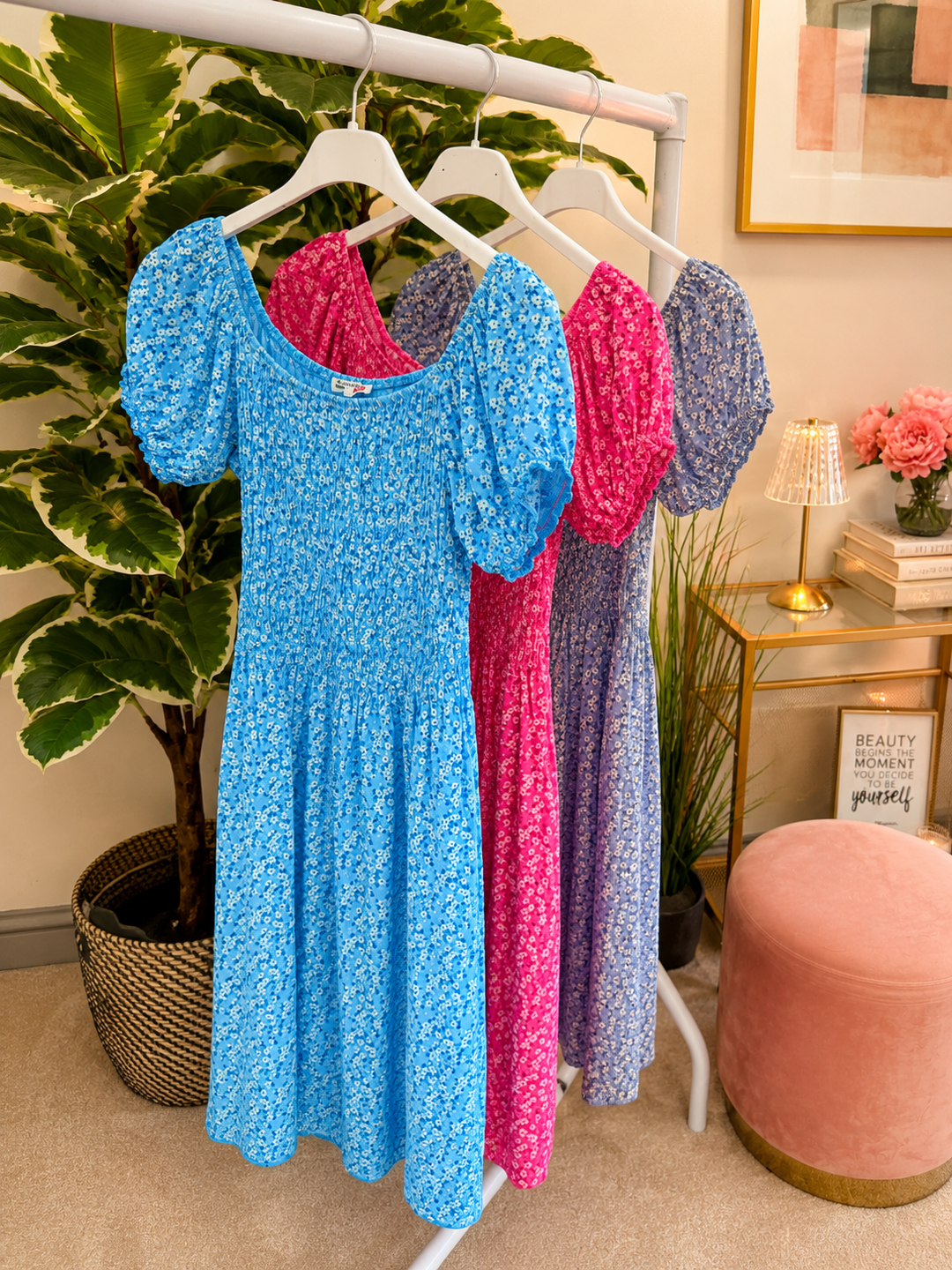 Ladies Daisy Print Sheered Bust Summer Day Dress - Turquoise, Denim Blue & Pink