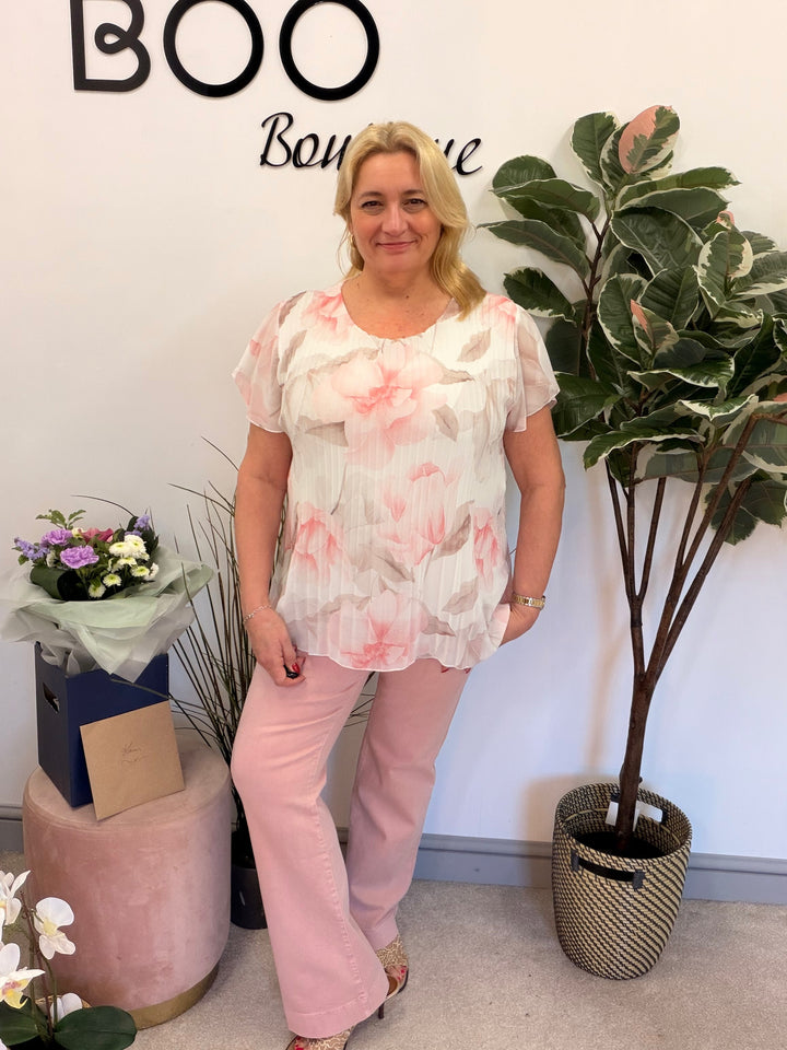 Ladies Fashion Floral Print Pleated Chiffon Blouse Top - pink, white, blue & lemon