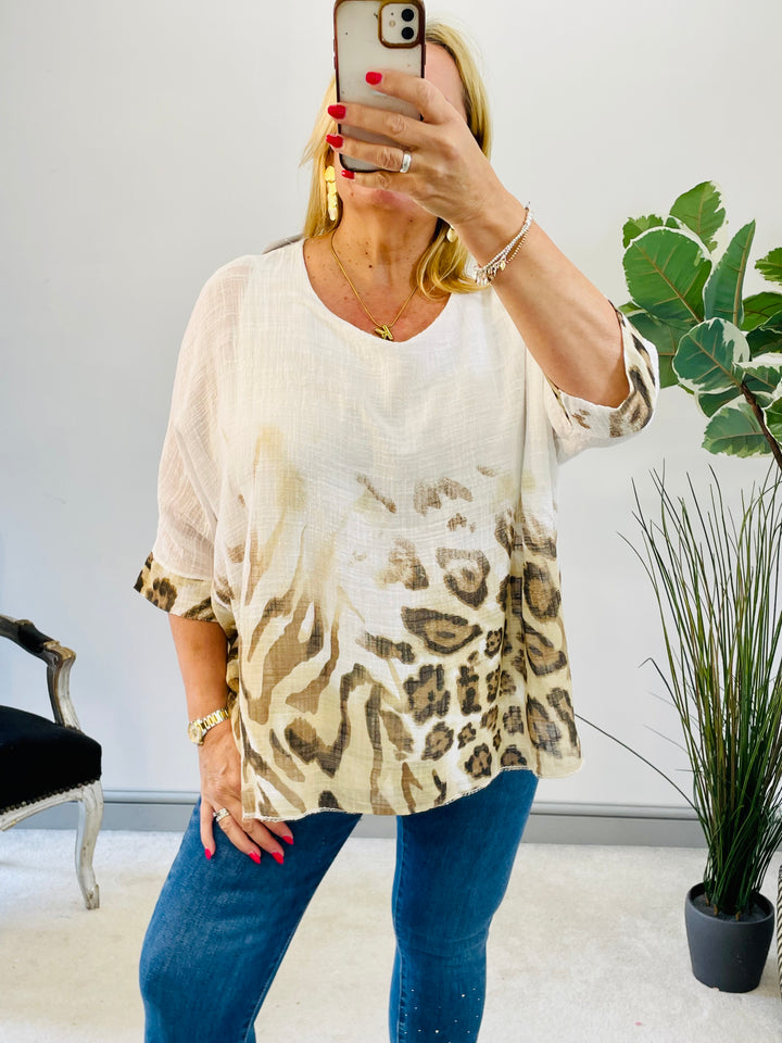 LADIES WOMENS LOOSE FIT ANIMAL LEOPARD PRINT SUMMER TOP - PINK, WHITE, BLUE