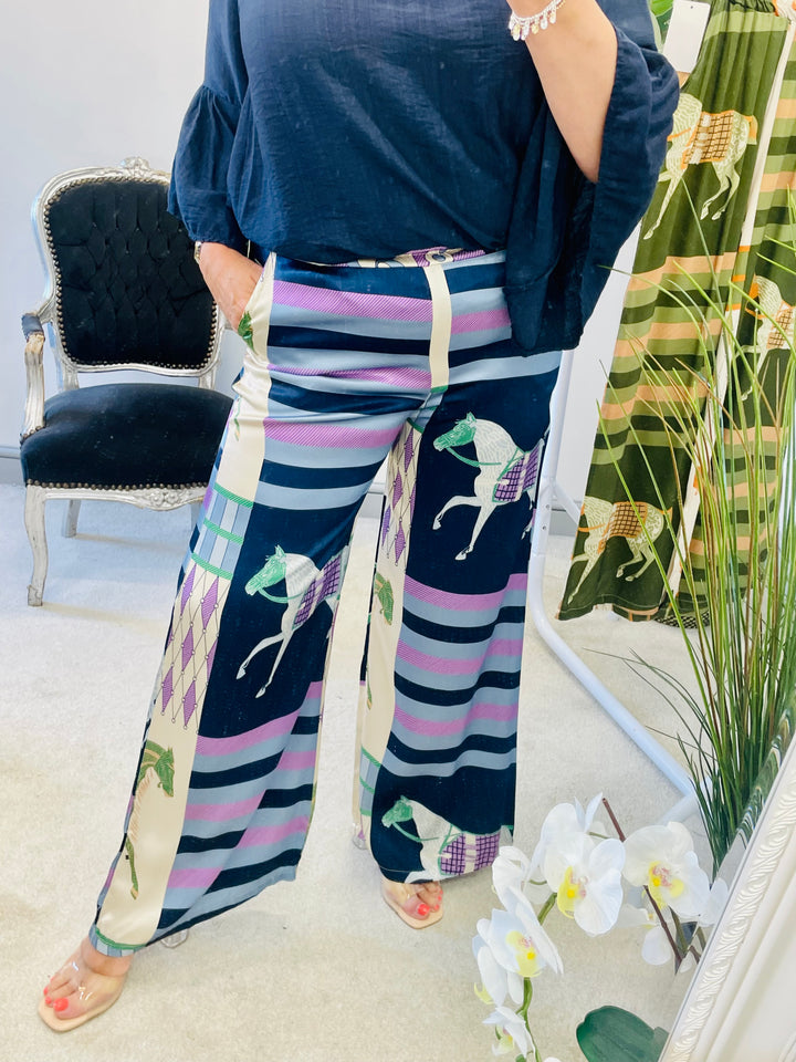 LADIES WOMENS INSPIRED PRINT SATIN PALAZZO PANTS TROUSERS - NAVY, BLACK & KHAKI