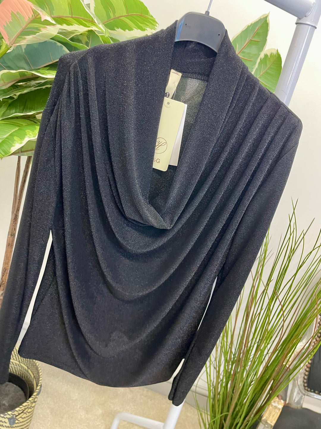 LADIES LUREX COWL NECK TOP - BLACK & BROWN