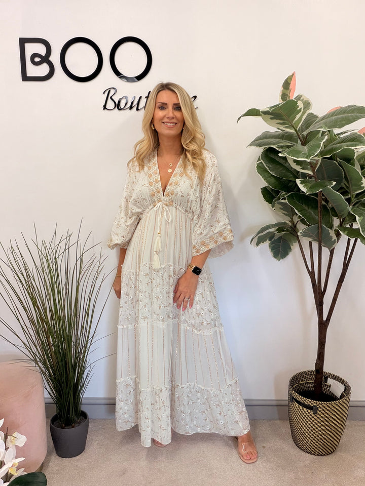 Ladies Fashion Boho Summer Maxi Dress - Pink, Cream, Mint & Blue