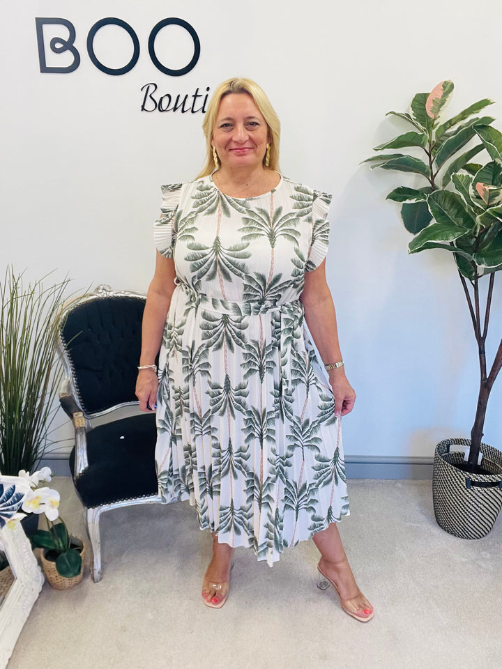 LADIES WOMENS TROPICAL PRINT PLEATED SUMMER MIDI DRESS - BLACK, KHAKI, BLUE, BEIGE & NAVY