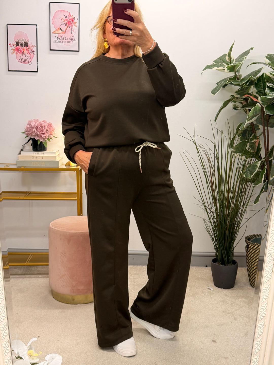 Womens fashion scuba trouser two piece co ord set - navy, black, khaki & brown