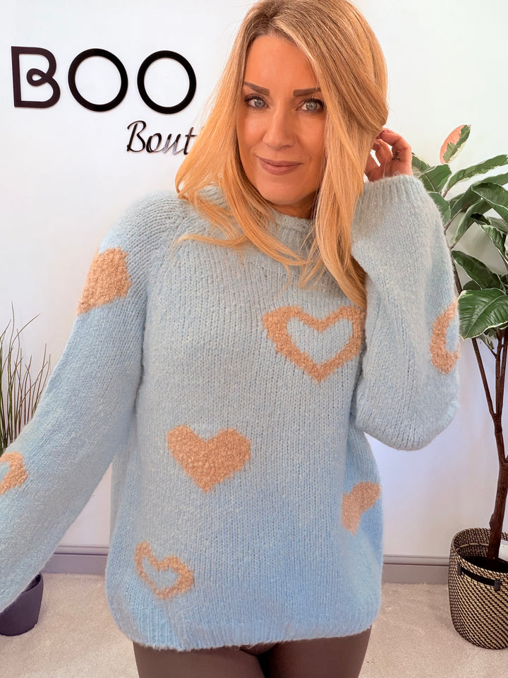 LADIES FASHION CHUNKY KNIT HEART JUMPER - PINK, BLUE, BEIGE & GREY