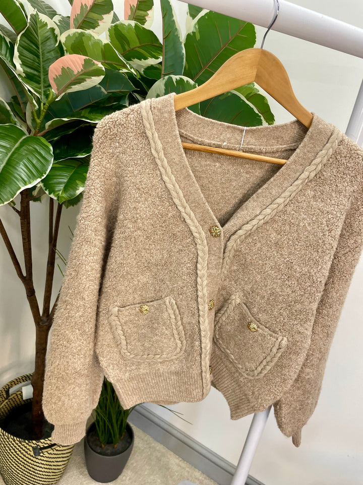 LADIES SOFT THICK CABLE KNIT CARDIGAN - BEIGE & CHARCOAL BLACK