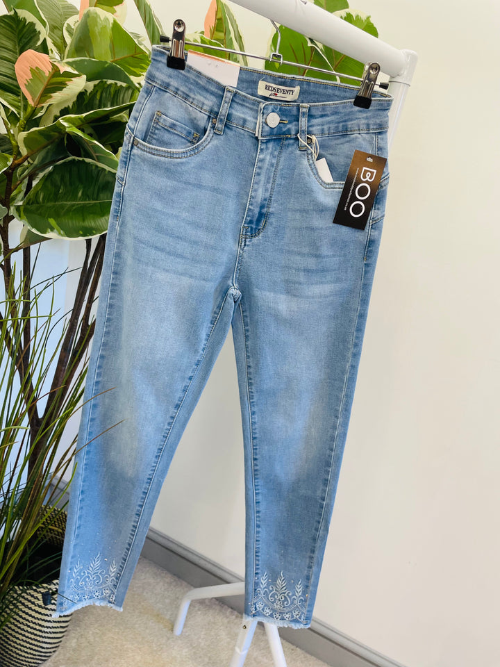 LADIES WOMENS BLUE DENIM SKINNY EMBELLISHED ANKLE JEANS