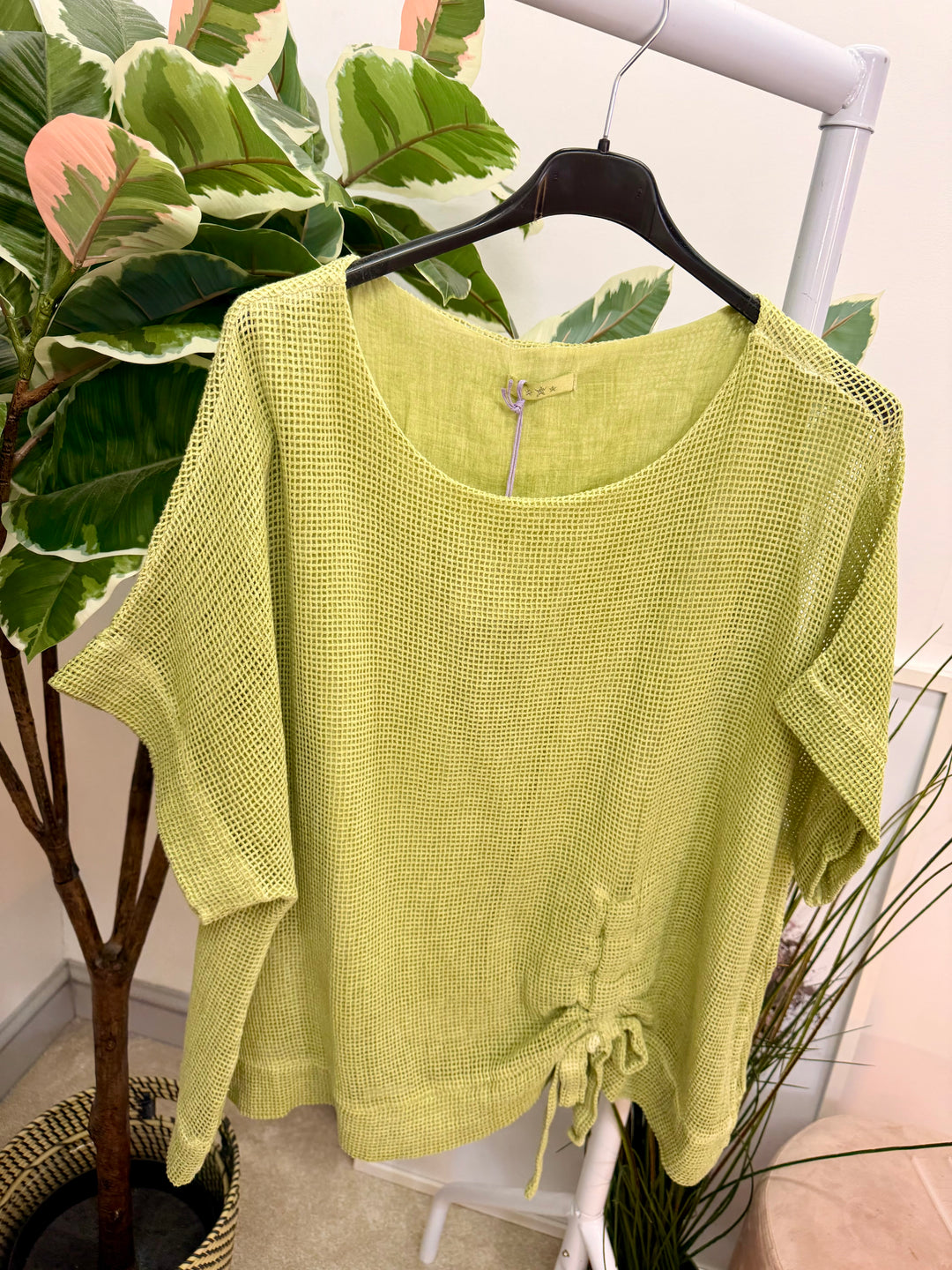 Ladies Fashion Teabag Linen Short Sleeve Top pistachio lime green