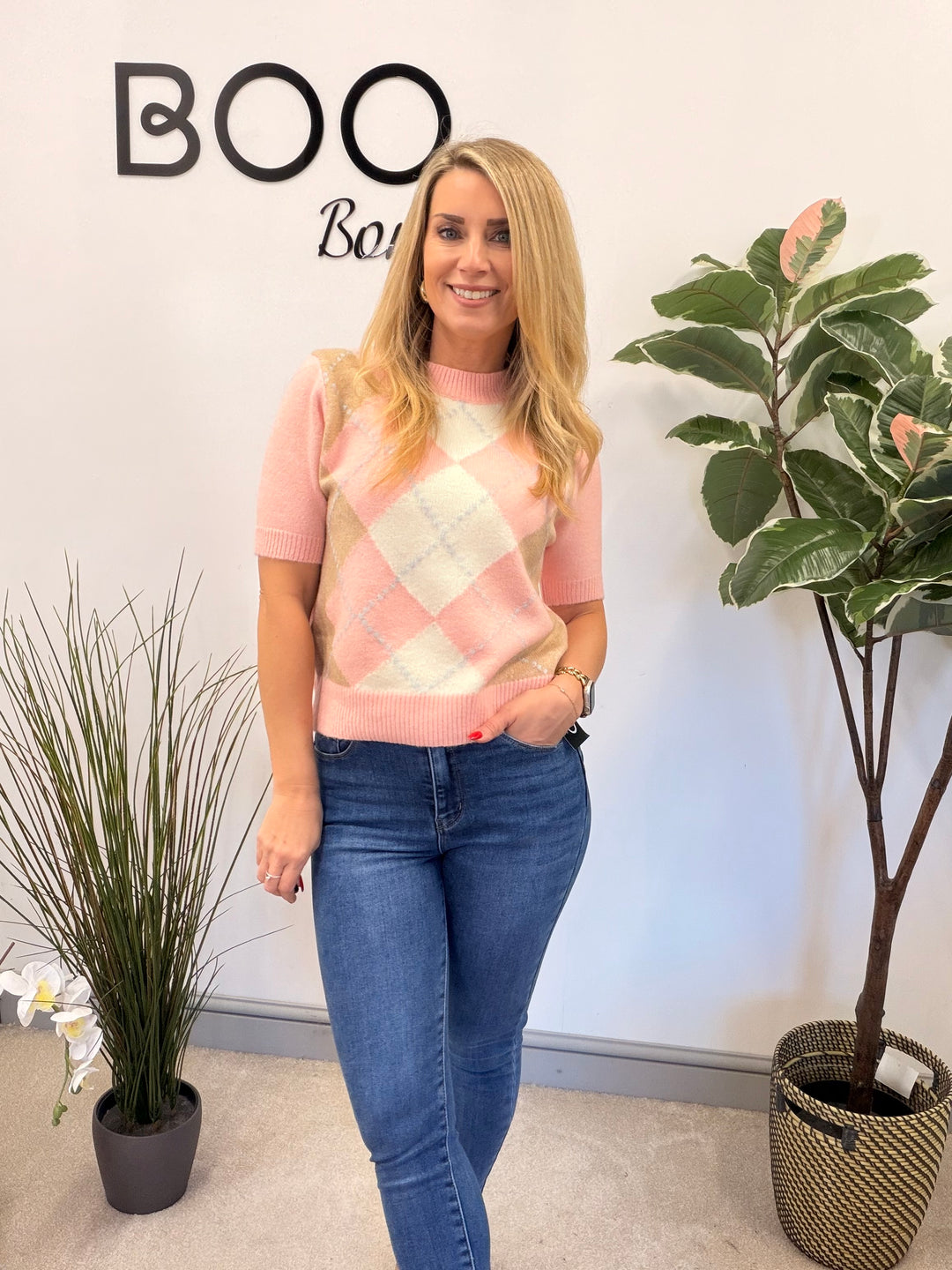 LADIES ARGYLE KNIT SHORT SLEEVE JUMPER - CREAM, BLUE, PINK