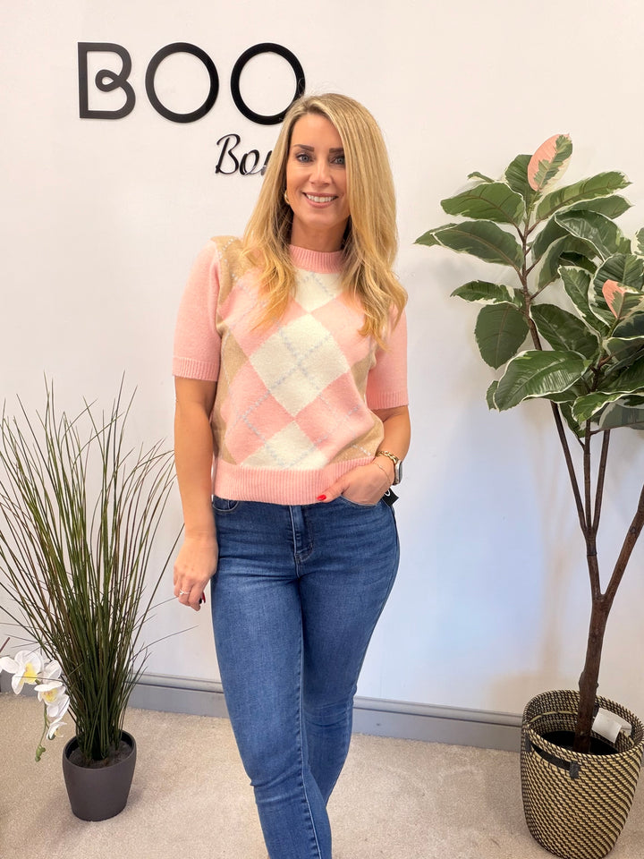 LADIES ARGYLE KNIT SHORT SLEEVE JUMPER - CREAM, BLUE, PINK