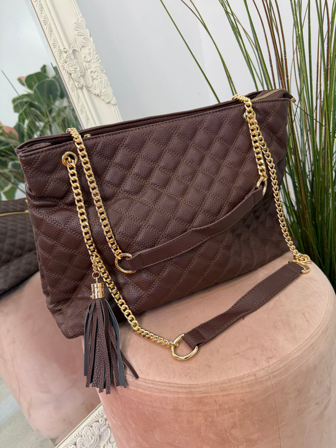 Ladies Fashion Inspired Quilted Chain Strap Tote Bag - black, beige & brown