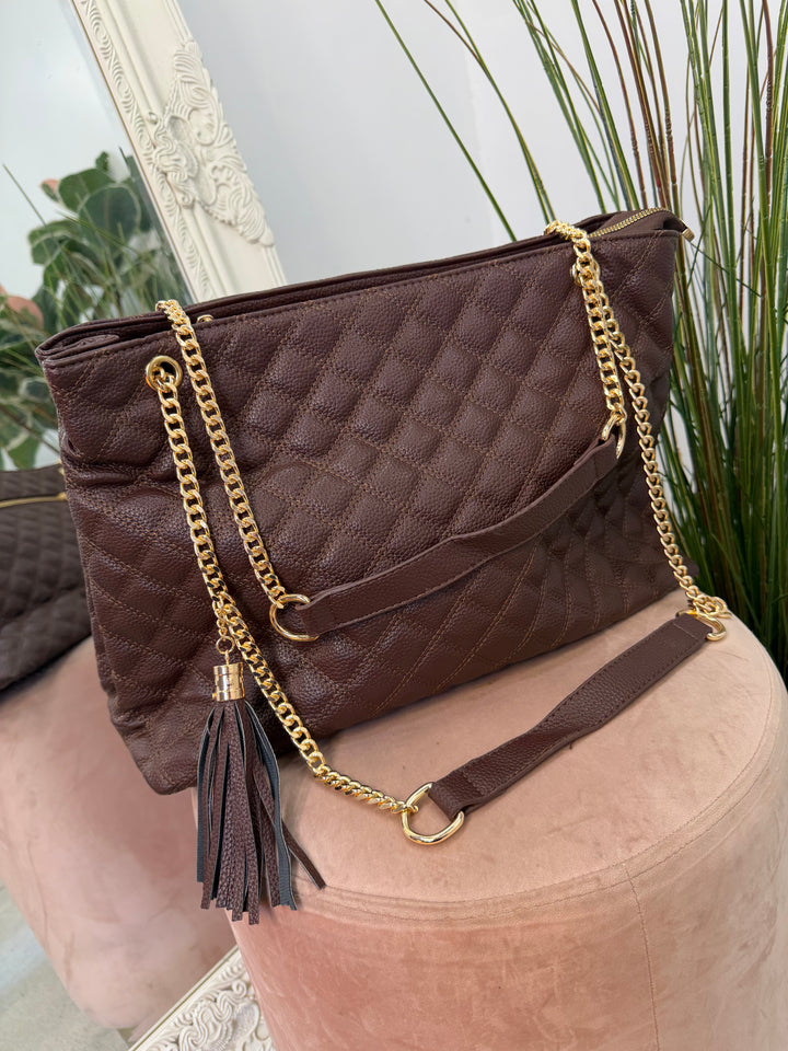 Ladies Fashion Inspired Quilted Chain Strap Tote Bag - black, beige & brown