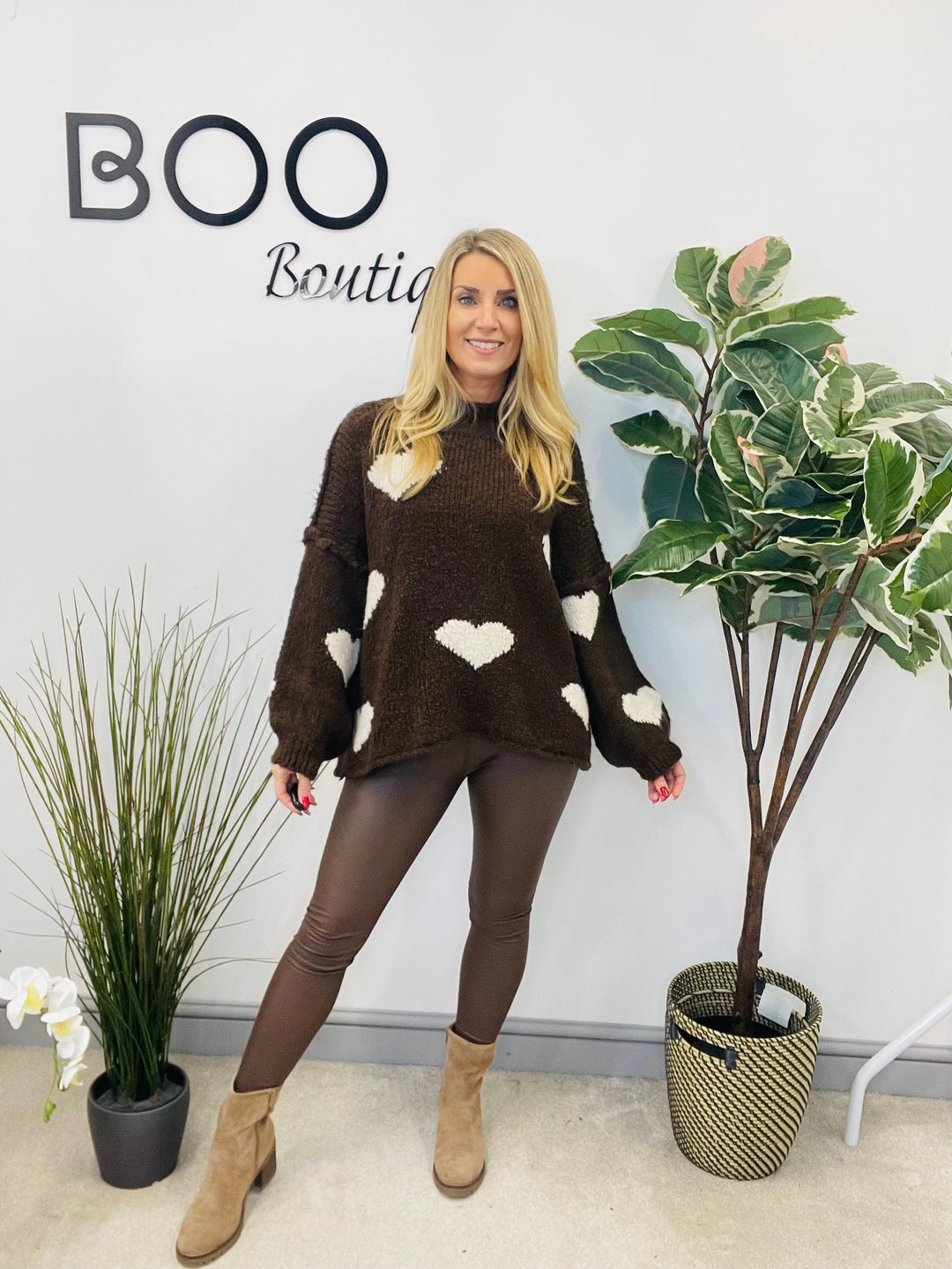 LADIES CHUNKY KNIT HEART JUMPER - MOCHA, BEIGE, BROWN & PINK