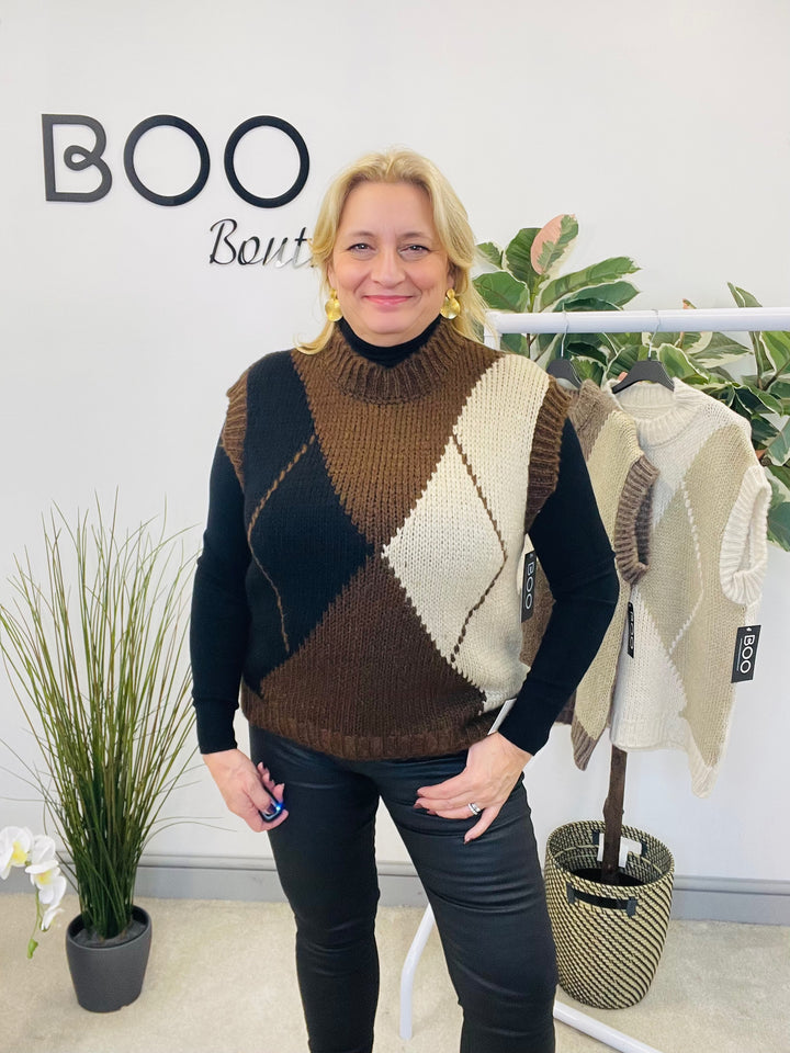 LADIES ARGYLE KNIT TANK TOP - MOCHA, BEIGE, BROWN