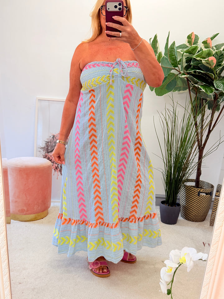 Ladies Fashion Linen Aztec Print Summer Maxi Dress - Blue, Lemon, Pink