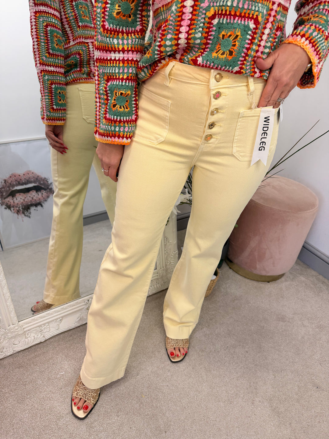 LADIES FASHION LEMON YELLOW HIGH WAIST WIDE LEG JEANS