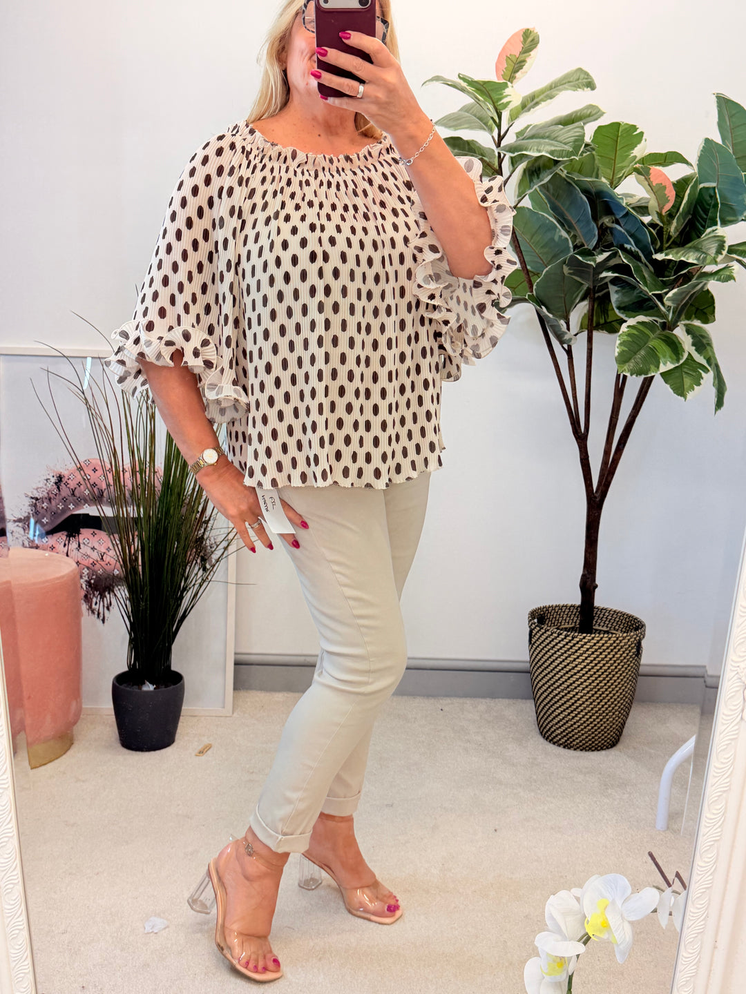 Ladies Pleated Polka Dot Bardot Top - White, Black, Navy & Beige