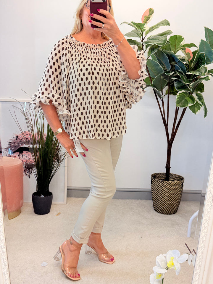 Ladies Pleated Polka Dot Bardot Top - White, Black, Navy & Beige