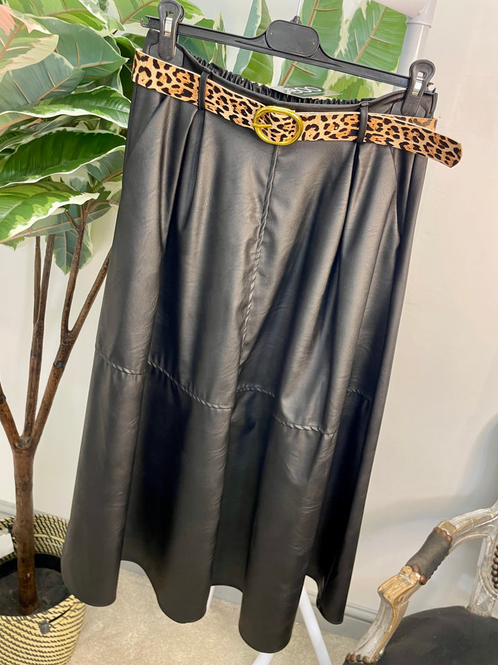 LADIES FAUX LEATHER MAXI SKIRT - BLACK & CAMEL TAN