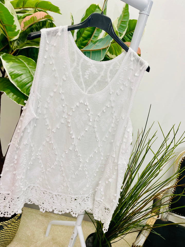 LADIES PRETTY CROCHET SUMMER SLEEVELESS TOP - WHITE, BEIGE, PINK, ORANGE, YELLOW, FUSCHIA