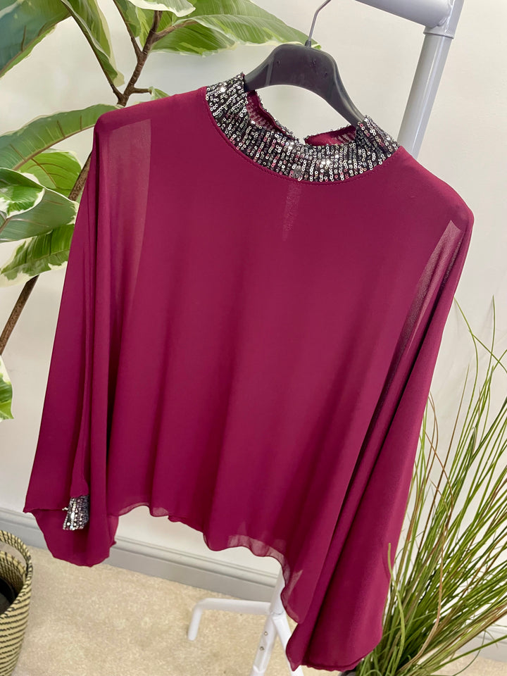 LADIES CHIFFON FLOATY SEQUIN PARTY TOP - BROWN, BLACK, BERRY