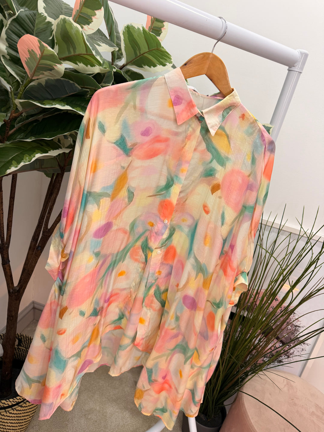 Ladies Fashion Tie Dye Loose Fit Flowy Oversize Blouse Top - pink & blue