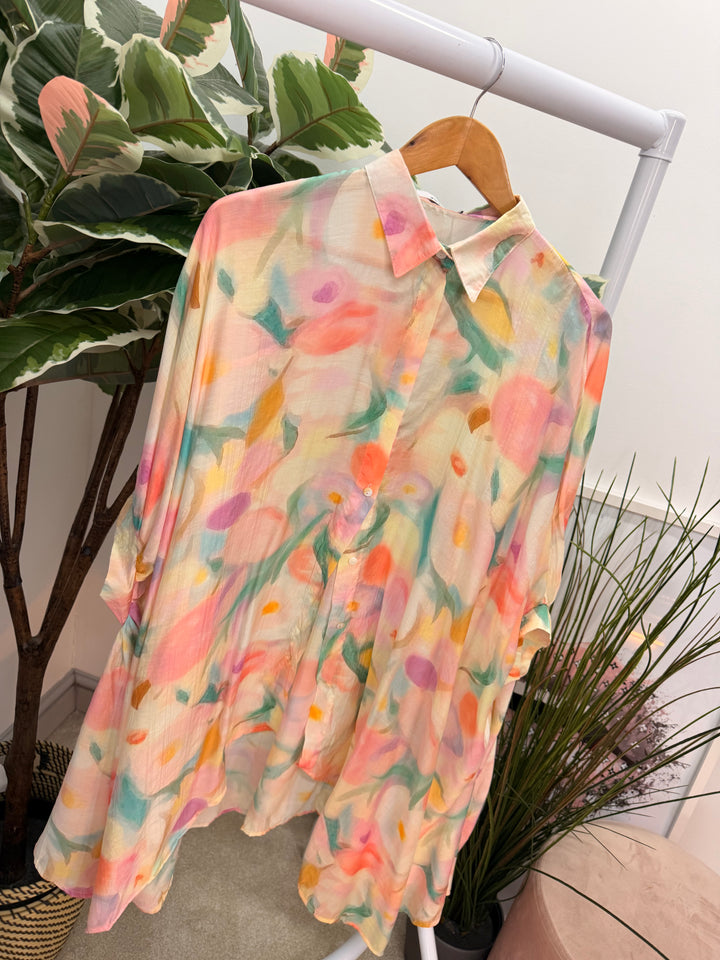 Ladies Fashion Tie Dye Loose Fit Flowy Oversize Blouse Top - pink & blue