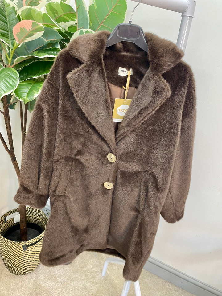 LADIES LUXURY FAUX FUR COAT JACKET - BLACK, BEIGE & BROWN