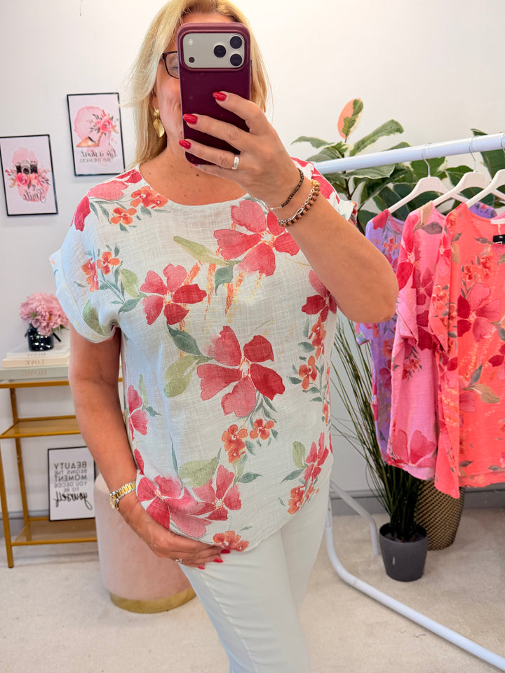 Ladies Flower Print Linen Casual Top - White, Pink, Lilac & Coral