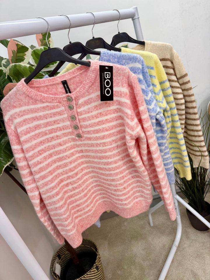 LADIES SOFT KNIT STRIPE GRANDAD JUMPER - LEMON, PINK, BLUE & BEIGE