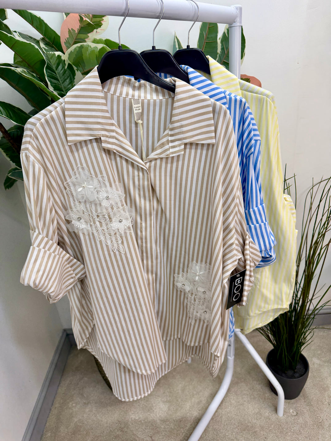 LADIES FASHION STRIPE COTTON SHIRT - YELLOW, BEIGE & BLUE