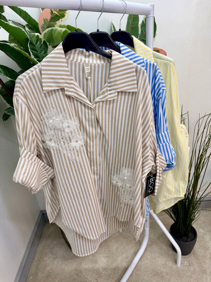 LADIES FASHION STRIPE COTTON SHIRT - YELLOW, BEIGE & BLUE