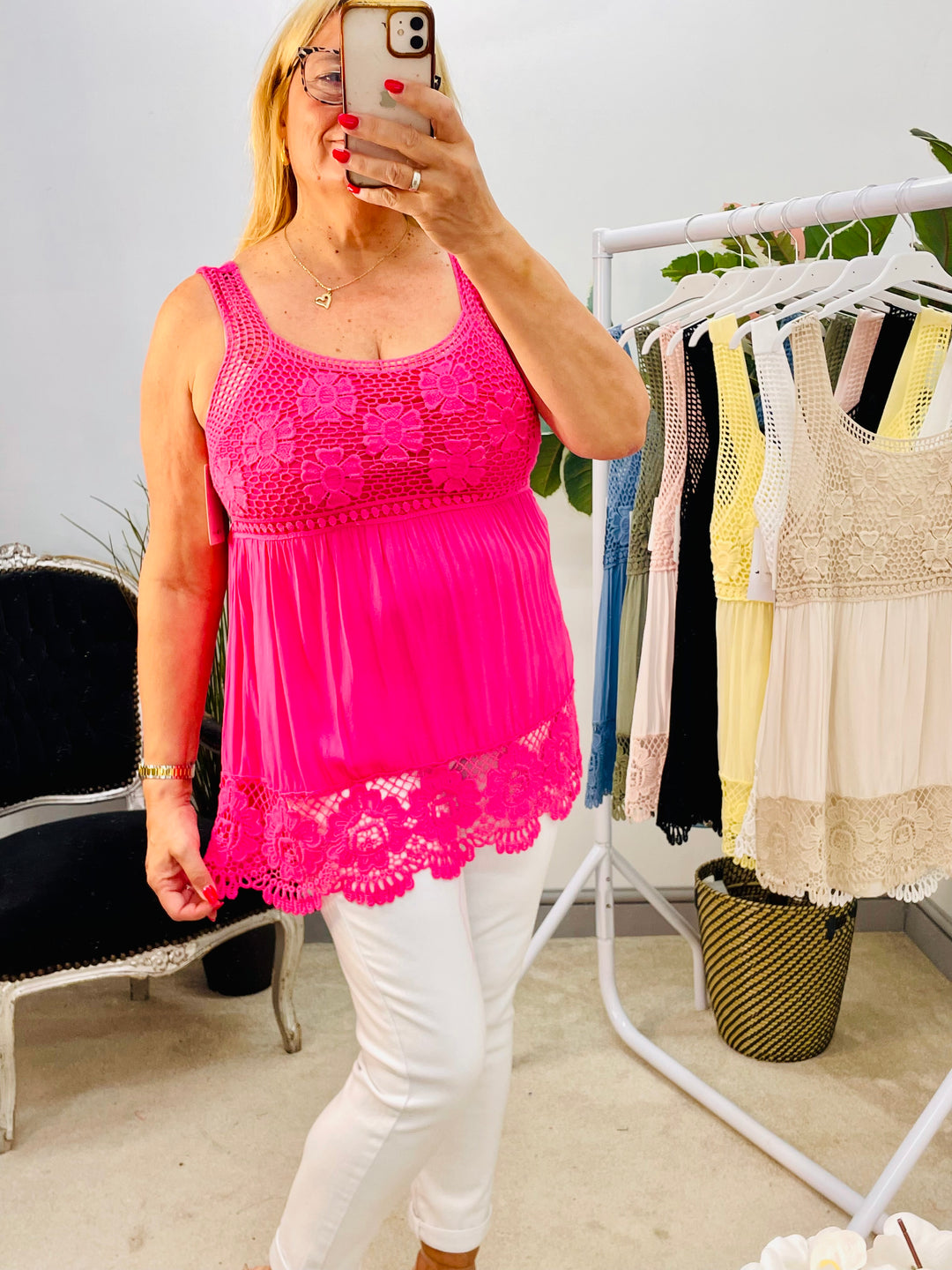 LADIES CROCHET & LACE SUMMER CAMI TOP - WHITE, LEMON, BLUE, PINK, KHAKI, BLACK