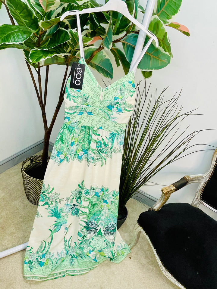 LADIES ORIENTAL PRINT SUMMER CAMI MAXI DRESS - PINK, BLUE & GREEN