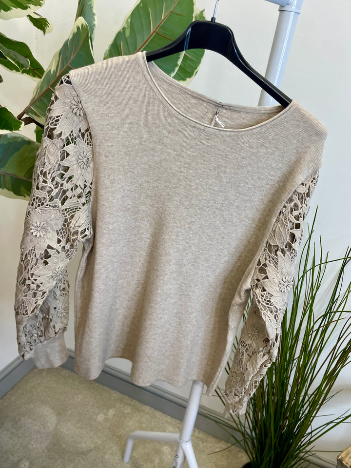 LADIES LACE SLEEVE JUMPER - BLACK, PINK, RED, BERRY,  BROWN & BEIGE