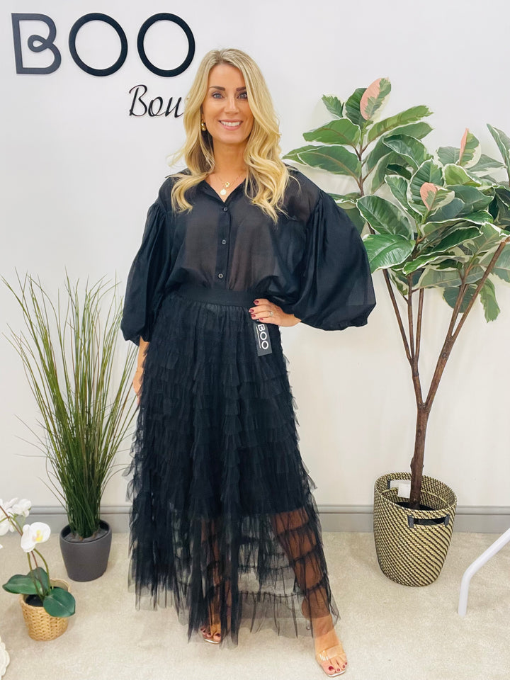 LADIES SHEER PUFF SLEEVE BLOUSE - OLIVE, BLACK, CREAM, TAUPE, WINE, BROWN