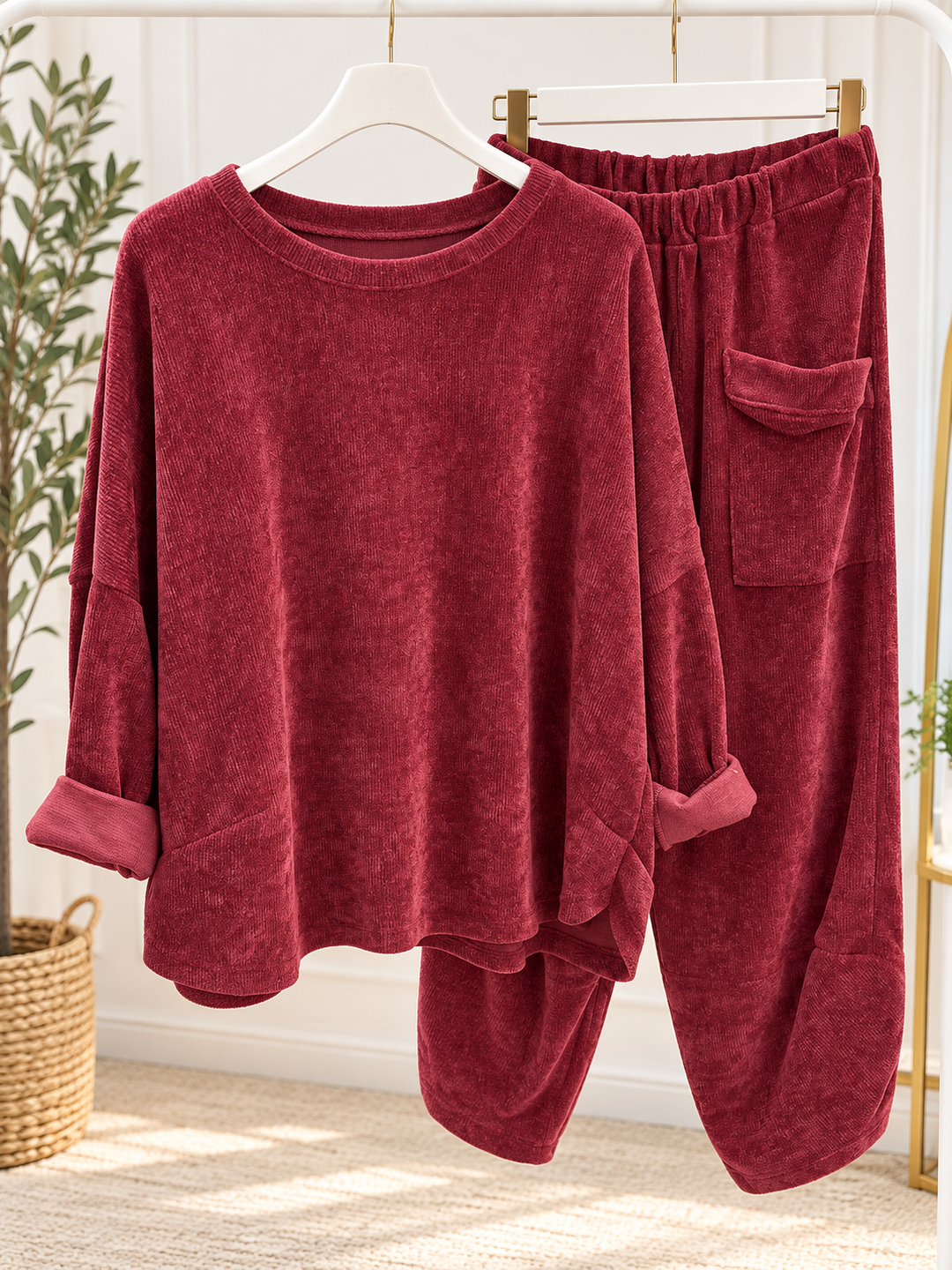 Womens chenille harem trouser two piece co ord set - black, wine, khaki & brown