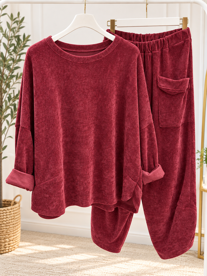 Womens chenille harem trouser two piece co ord set - black, wine, khaki & brown