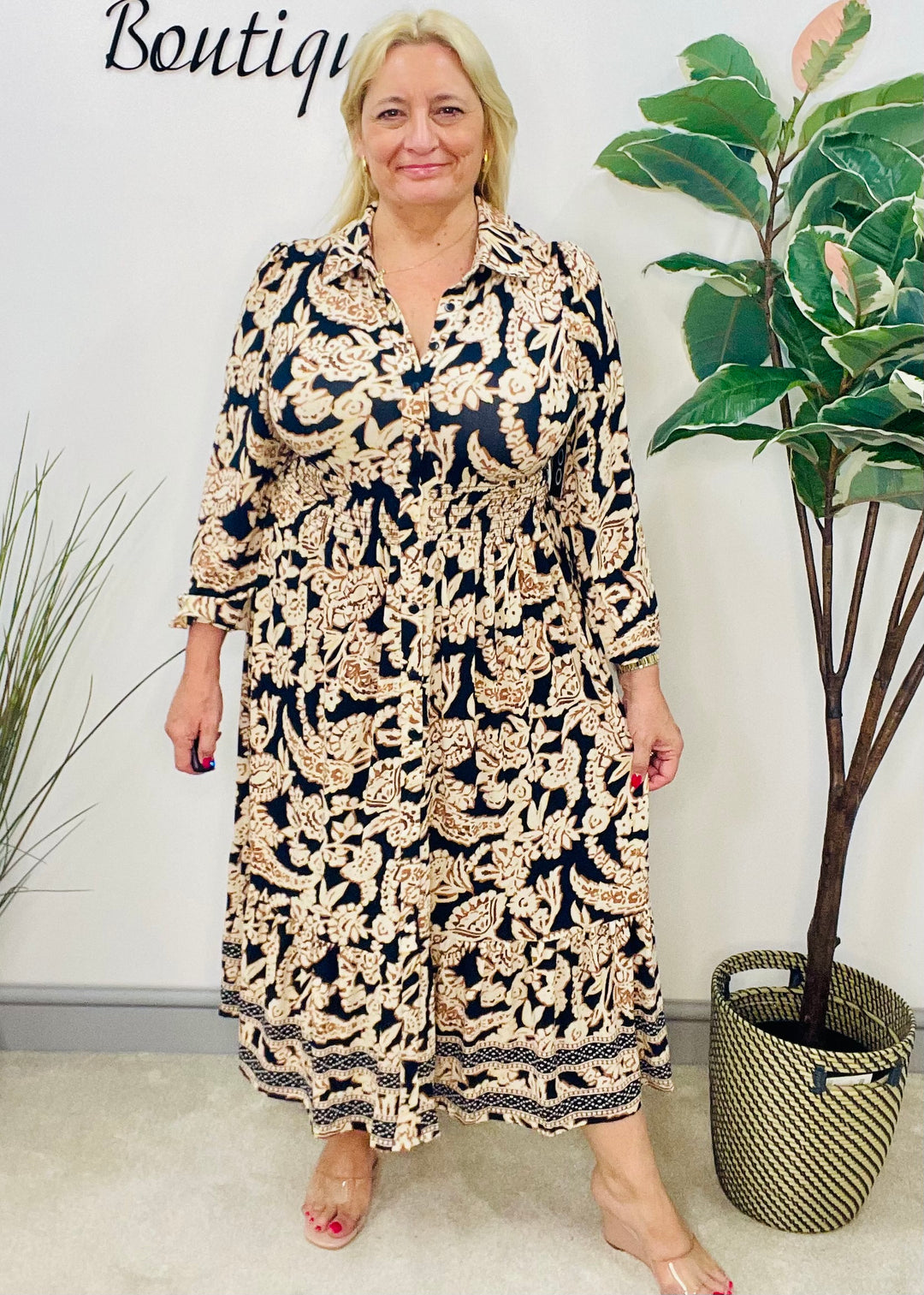 LADIES NAVY PAISLEY PRINT SHIRT AUTUMN MAXI DRESS