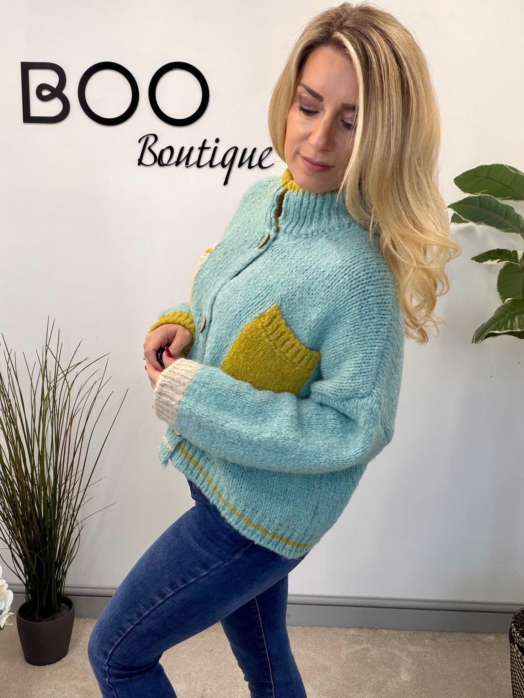 LADIES FUNKY CHUNKY KNIT TWO TONE CARDIGAN - MINT, BEIGE, ORANGE & LIME