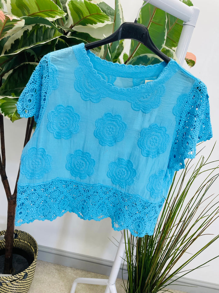 LADIES LACE CROCHET SUMMER TOP - WHITE, TURQUOISE, PINK