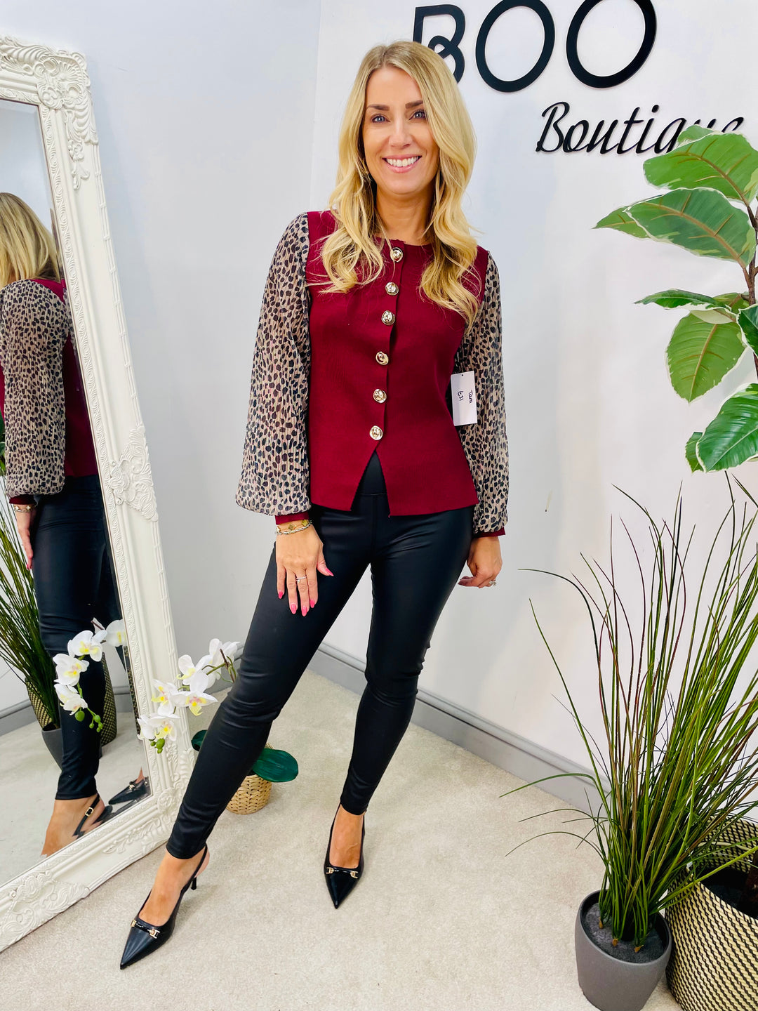 LADIES KNITTED LEOPARD SLEEVE CARDIGAN TOP - BLACK, WINE, BROWN