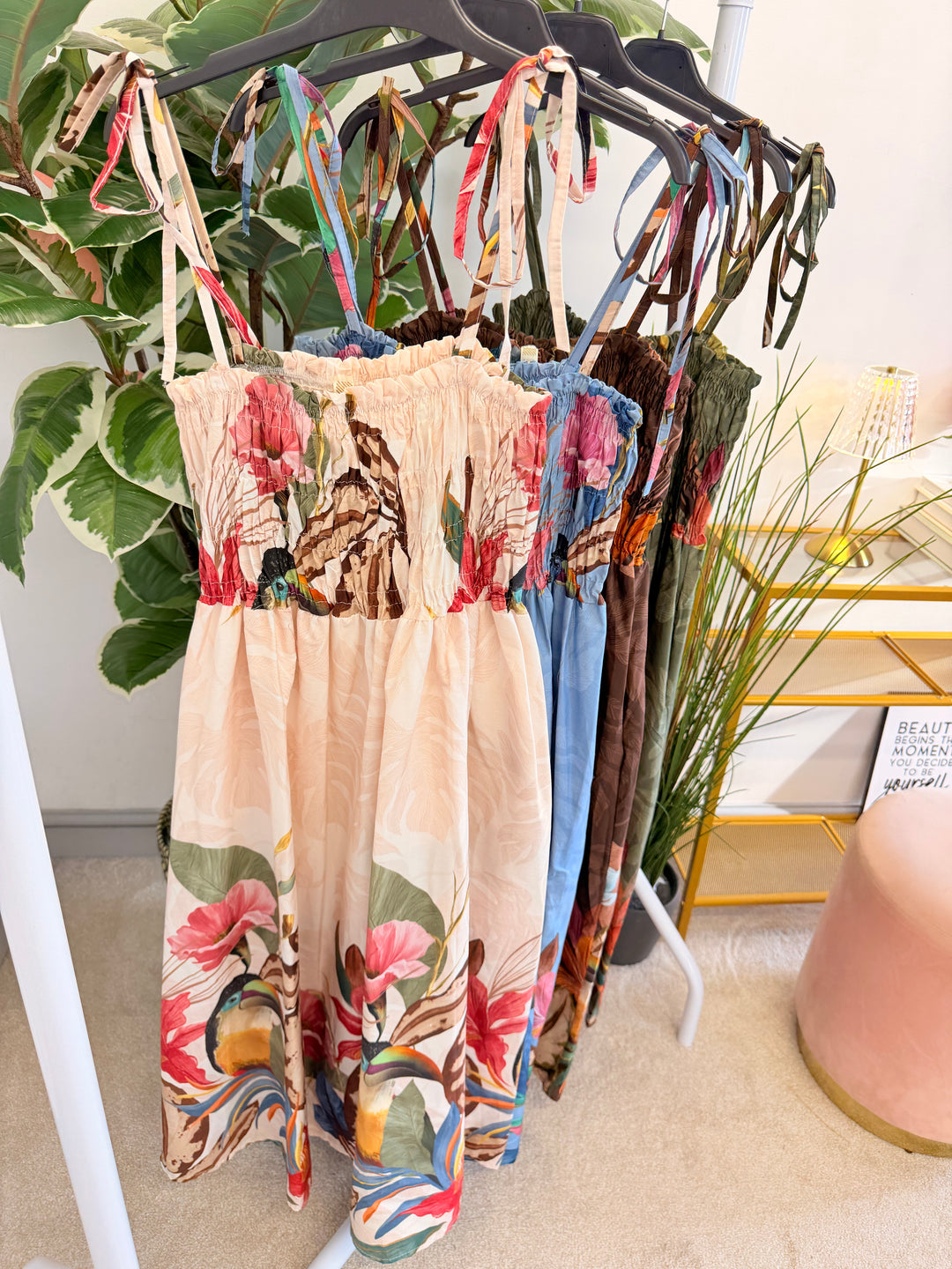 Ladies Flower Print Summer Cami Dress - Cream, Blue, Khaki & Brown