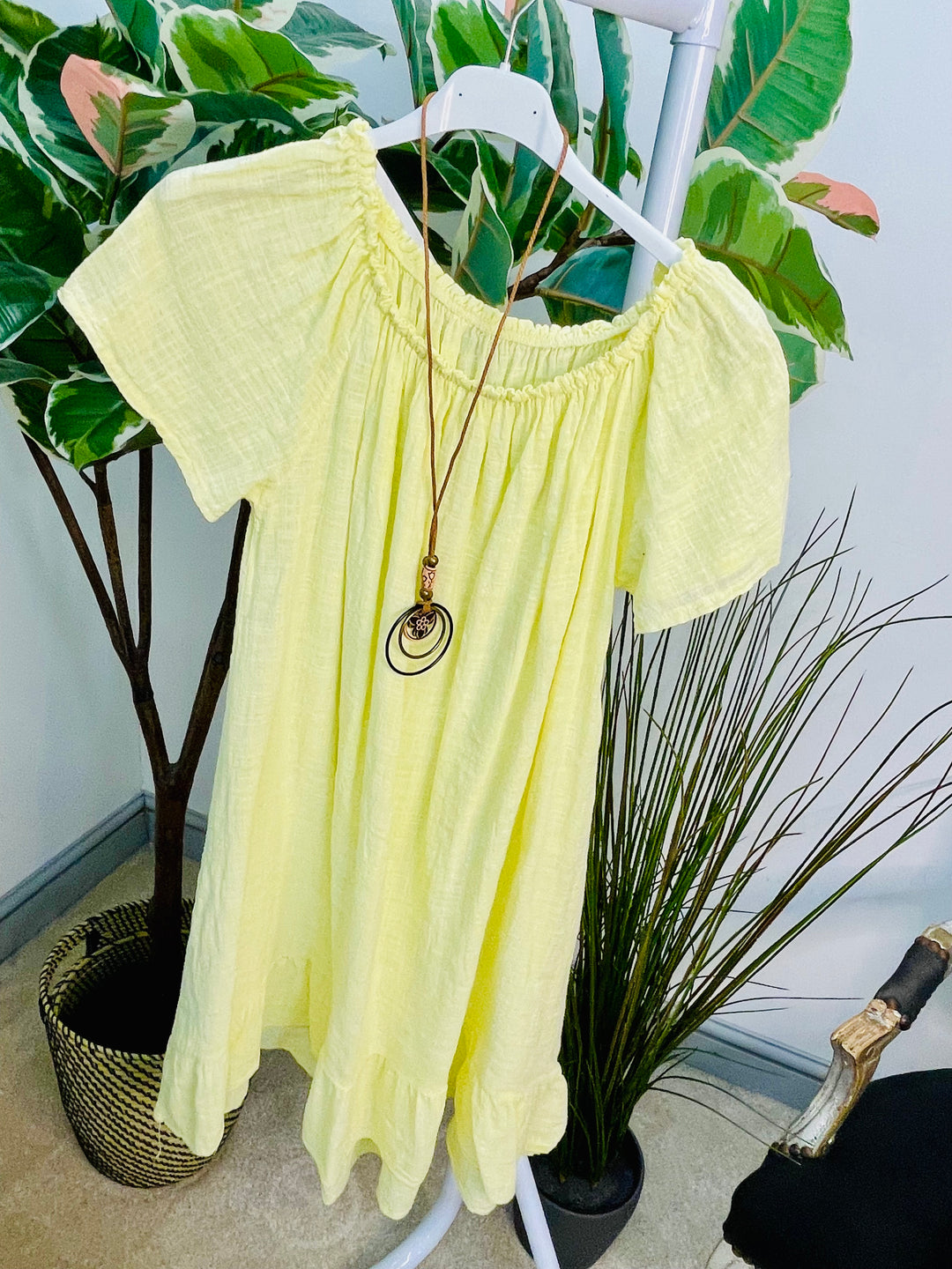 LADIES COTTON SUMMER BARDOT DRESS - BLACK, NAVY, PINK, LEMON, ORANGE, BLUE & LIME
