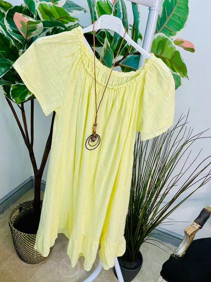 LADIES COTTON SUMMER BARDOT DRESS - BLACK, NAVY, PINK, LEMON, ORANGE, BLUE & LIME