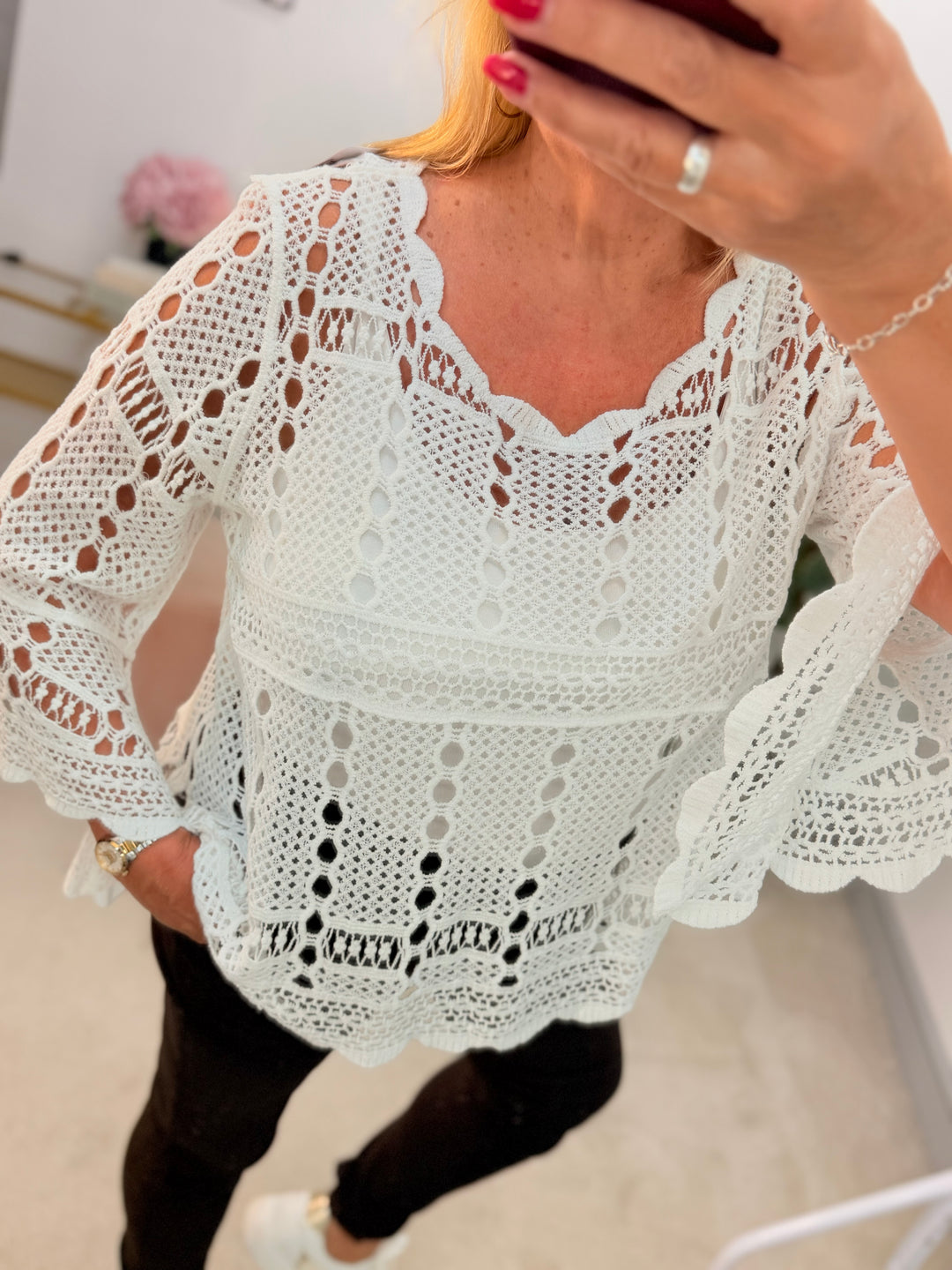 Ladies Fashion White Crochet Top