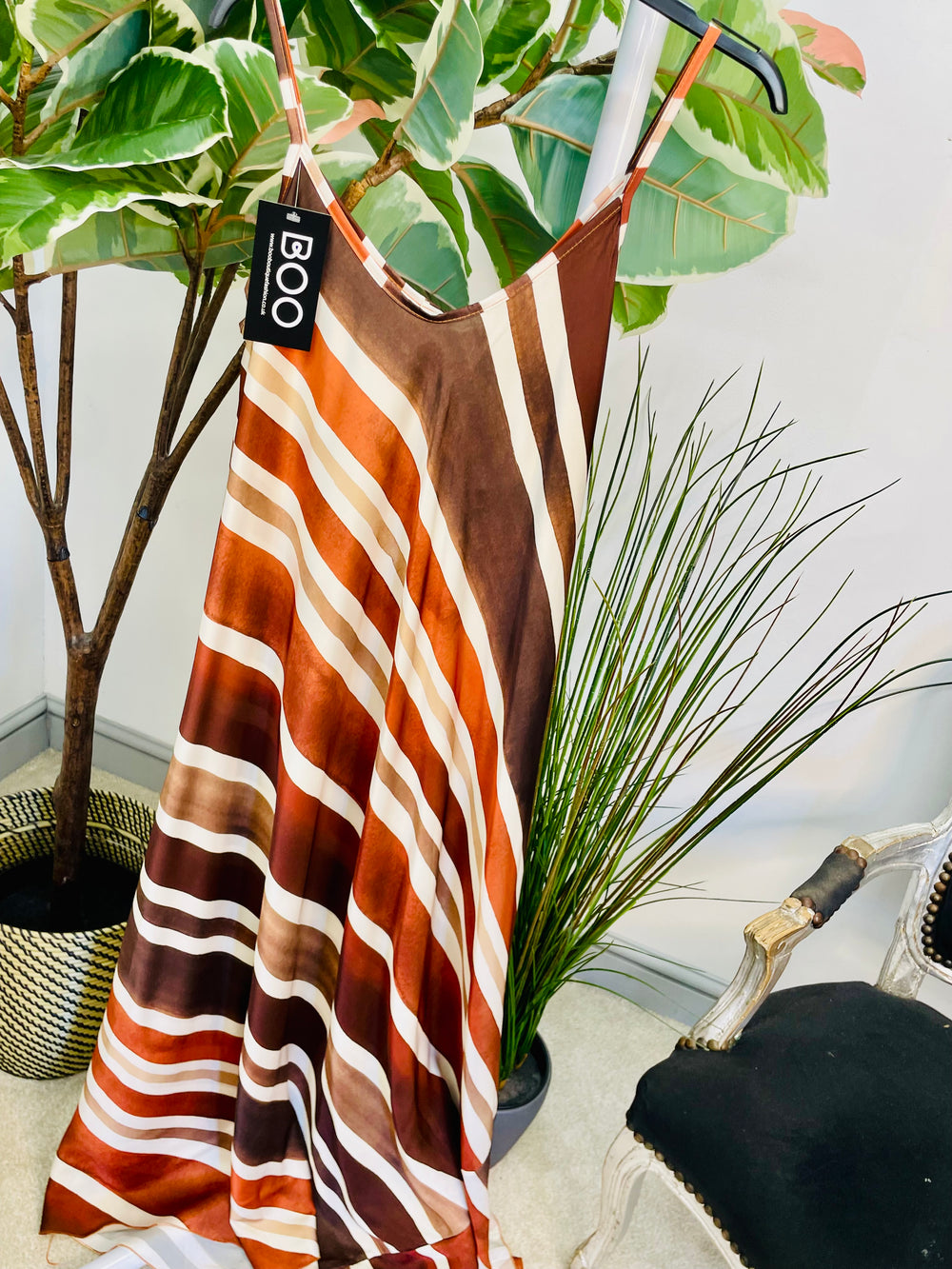 LADIES STRIPE SUMMER SATIN MAXI DRESS - BLUE, BROWN & KHAKI